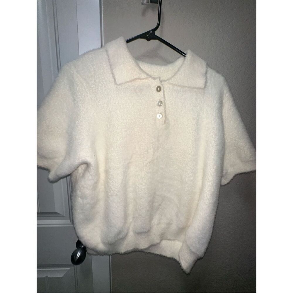Rachel Zoe Cream Fuzzy Polo Sweater